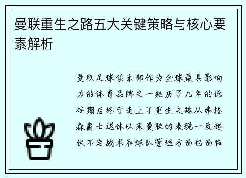 曼联重生之路五大关键策略与核心要素解析